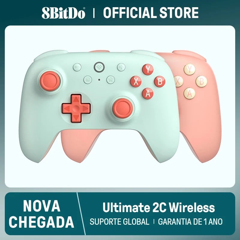 COMFORTH Ultimate 2C Wireless Gaming Controller in pastel mint and coral pink. Ergonomic design with responsive buttons.