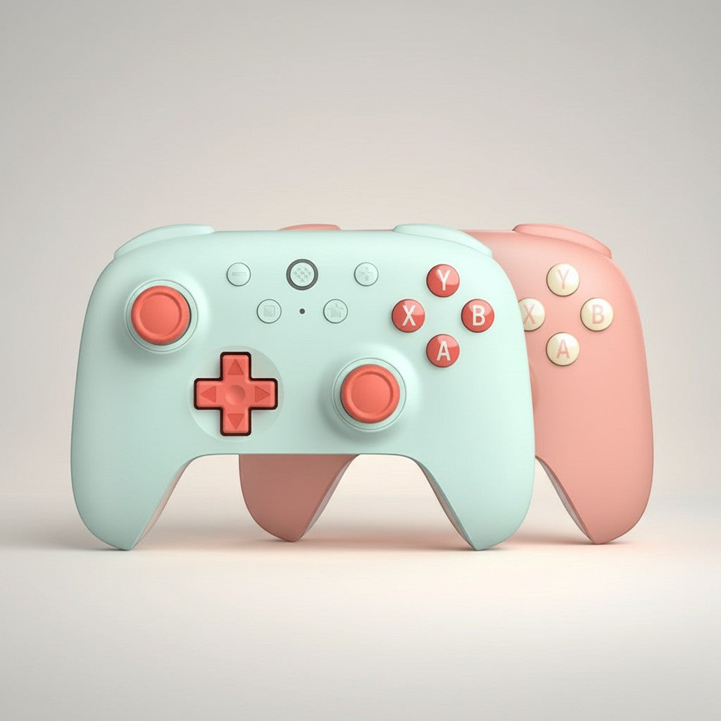 COMFORTH Ultimate 2C Wireless Gaming Controller in pastel mint and coral pink with red buttons.