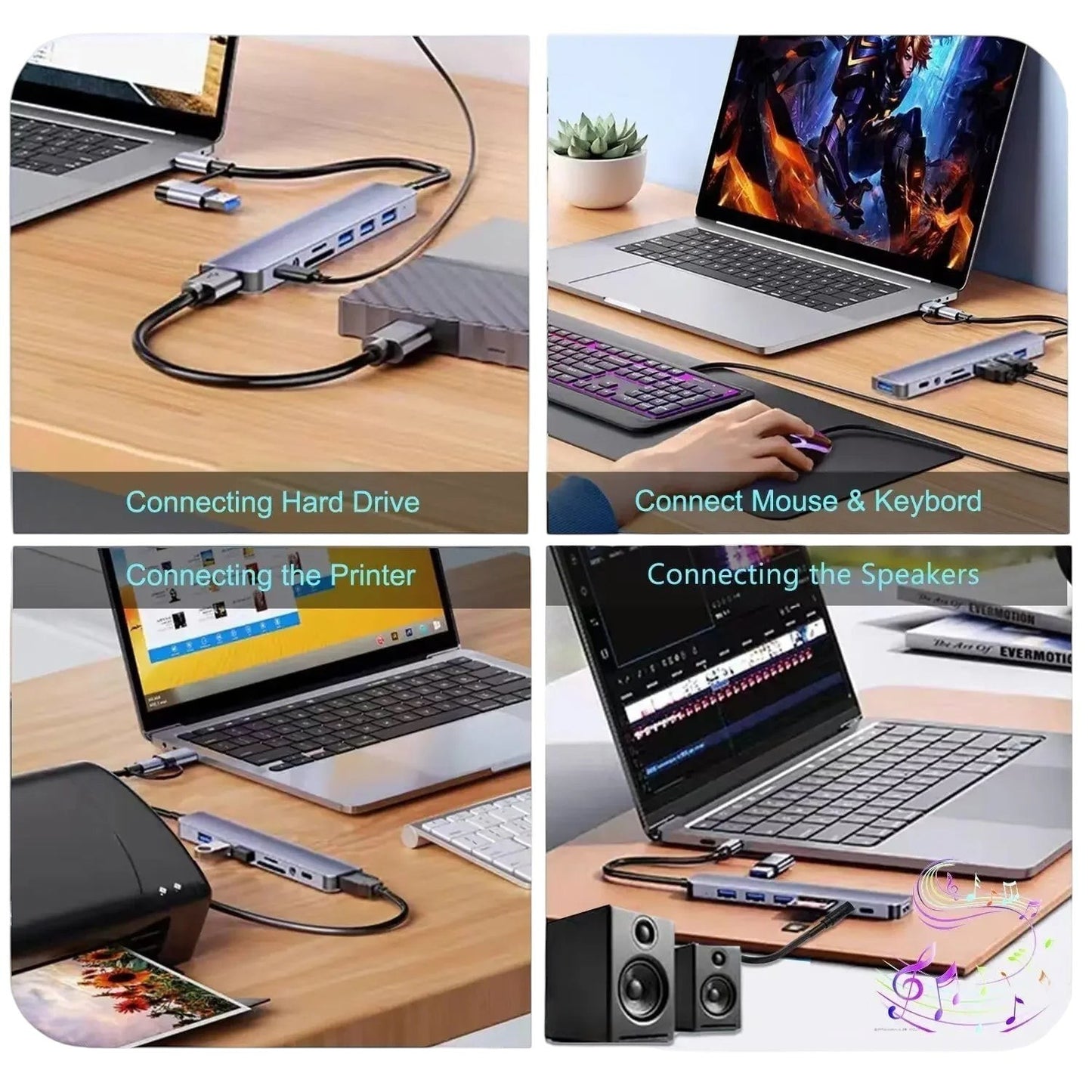 COMFORTH silver aluminum alloy USB C hub adapter with 3 USB 3.0 ports, SD/MicroSD card readers, audio jack, and PD charging.