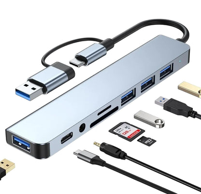 COMFORTH Multiport USB C Hub Adapter in silver aluminum alloy with 3 USB 3.0 ports, SD/MicroSD card readers, audio jack, and USB-C PD.