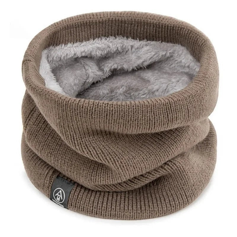 COMFORT warm knit neck gaiter scarf in brown with plush grey fleece lining. Versatile winter accessory.
