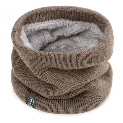 COMFORT warm knit neck gaiter scarf in brown with plush grey fleece lining. Versatile winter accessory.