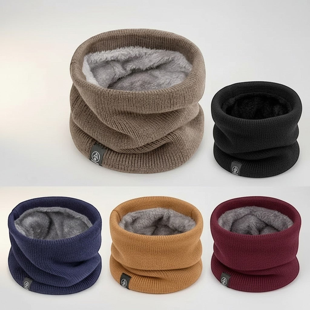 COMFORT warm knit neck gaiter scarf with plush fleece lining, available in brown, black, navy, yellow, and wine red.