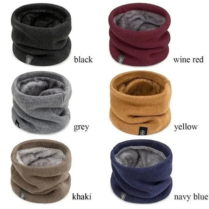 COMFORT warm knit neck gaiter scarf with plush fleece lining, available in black, wine red, grey, yellow, khaki, and navy blue.