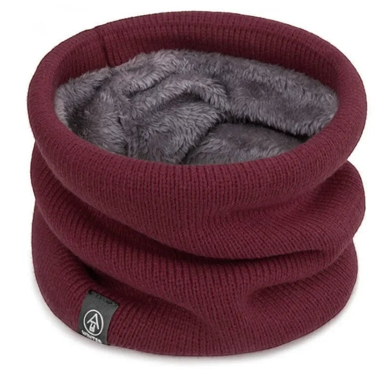 COMFORT warm knit neck gaiter scarf in wine red with plush grey fleece lining. Versatile winter accessory.