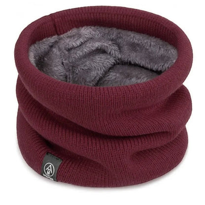 COMFORT warm knit neck gaiter scarf in wine red with plush grey fleece lining. Versatile winter accessory.