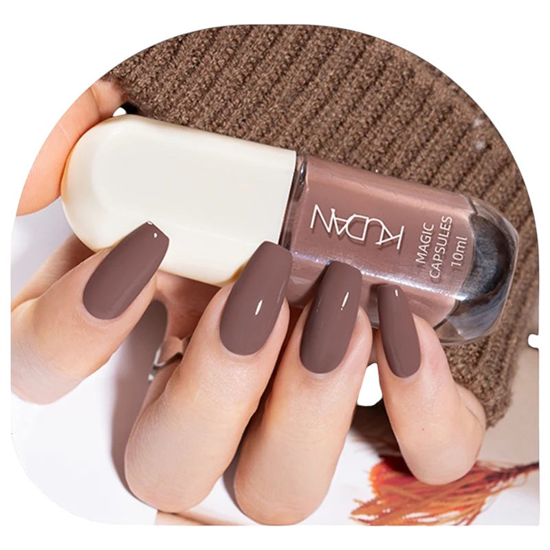 COMFORT Water-Based Peel Off Nail Polish in a muted brown shade, 10ml bottle with a white cap.