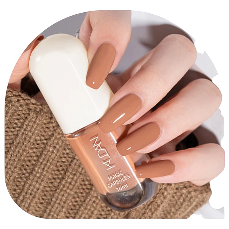 COMFORTH water-based peel-off nail polish in a warm brown shade, 10ml bottle.