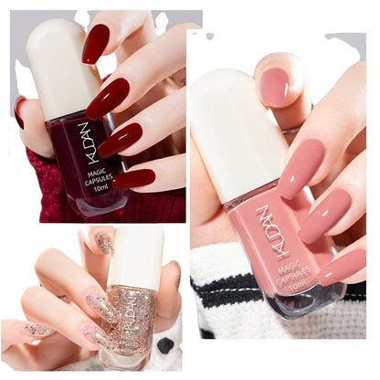 COMFORTH nail polish collection featuring dark red, dusty rose, and glitter shades. Water-based, peel-off formula.