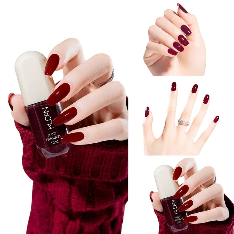 COMFORTH water-based peel off nail polish in deep red, 10ml bottle shown with manicured nails.