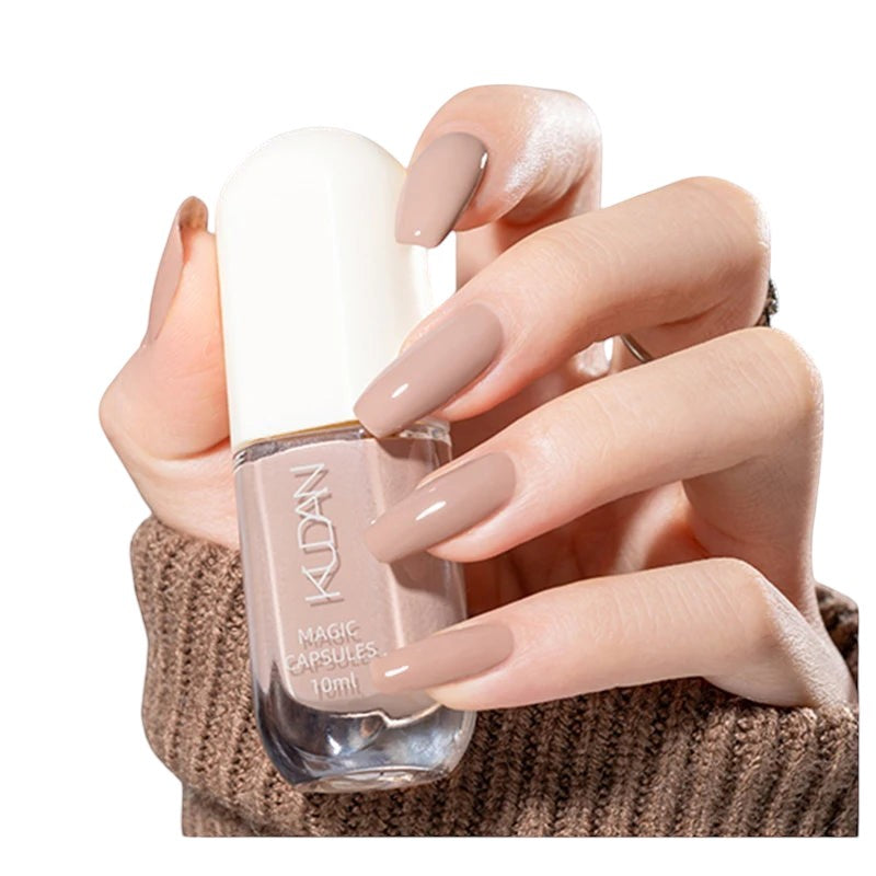COMFORTH water-based peel off nail polish in nude shade, 10ml bottle. Long, elegant nails.