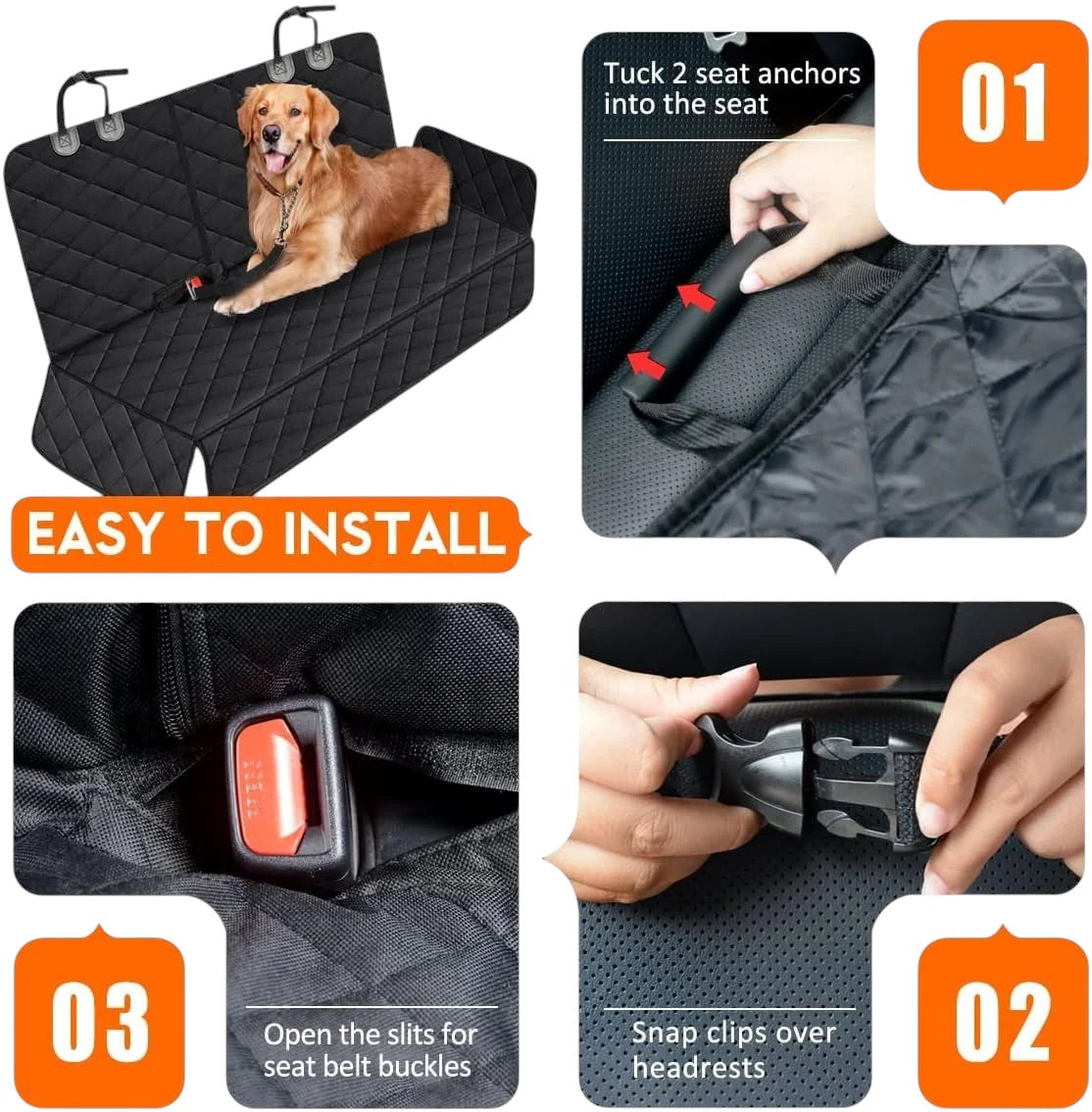 COMFORT black quilted waterproof car seat cover for back seat with a golden retriever dog sitting on it.
