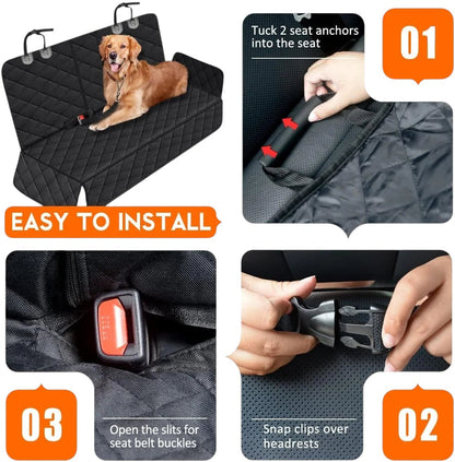 COMFORT black quilted waterproof car seat cover for back seat with a golden retriever dog sitting on it.