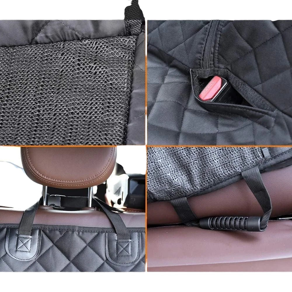 COMFORT black quilted waterproof car seat cover for back seat with mesh pocket and seatbelt access