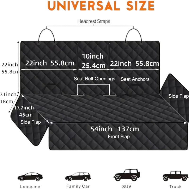 COMFORT black quilted waterproof car seat cover for back seat with side flaps and seat belt openings.