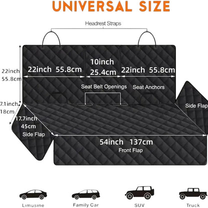 COMFORT black quilted waterproof car seat cover for back seat with side flaps and seat belt openings.