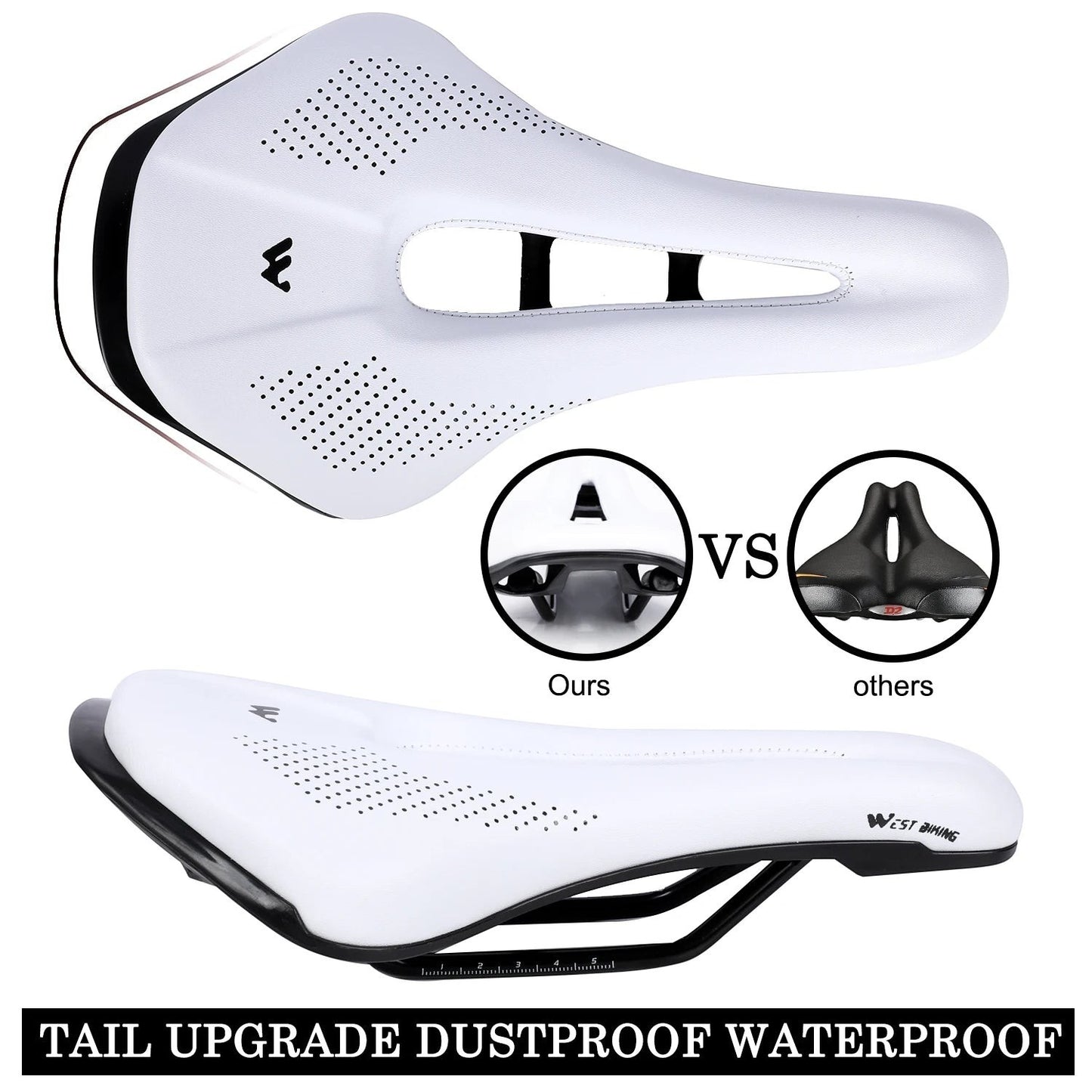 COMFORT white and black ergonomic bicycle saddle with central channel and textured surface for enhanced grip.