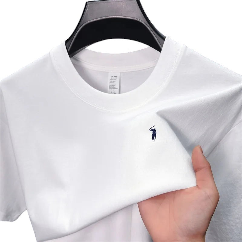 COMFORT white cotton blend crew neck short sleeve t-shirt with embroidered navy logo on chest.