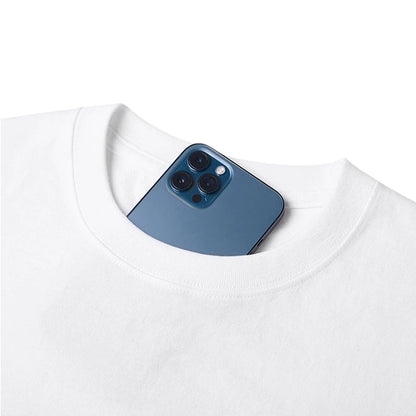 COMFORT white crew neck short sleeve t-shirt with a phone pocket detail.