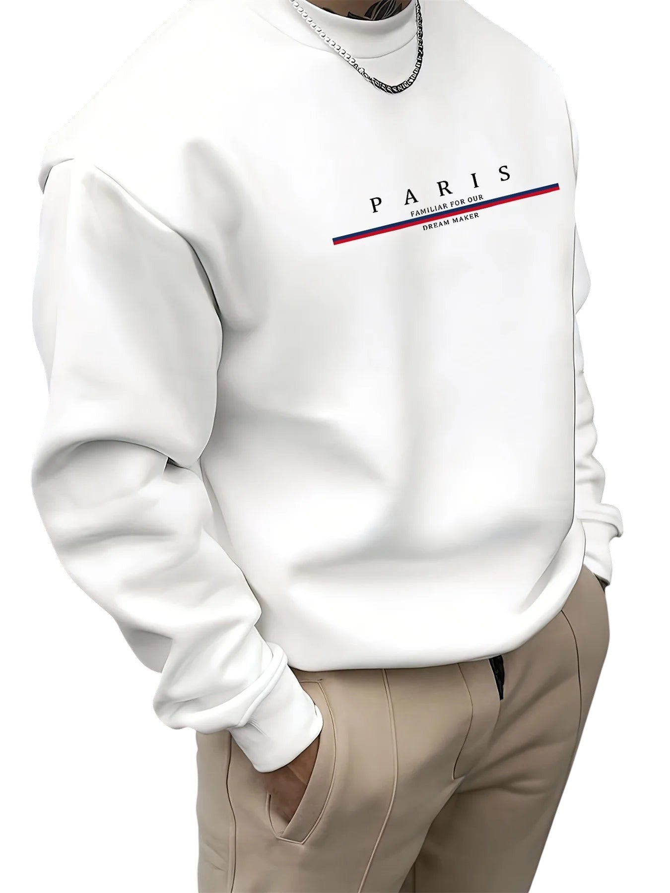 COMFORT white crewneck sweatshirt with "PARIS" graphic design and double stripe detail. Relaxed fit, ideal for casual wear.