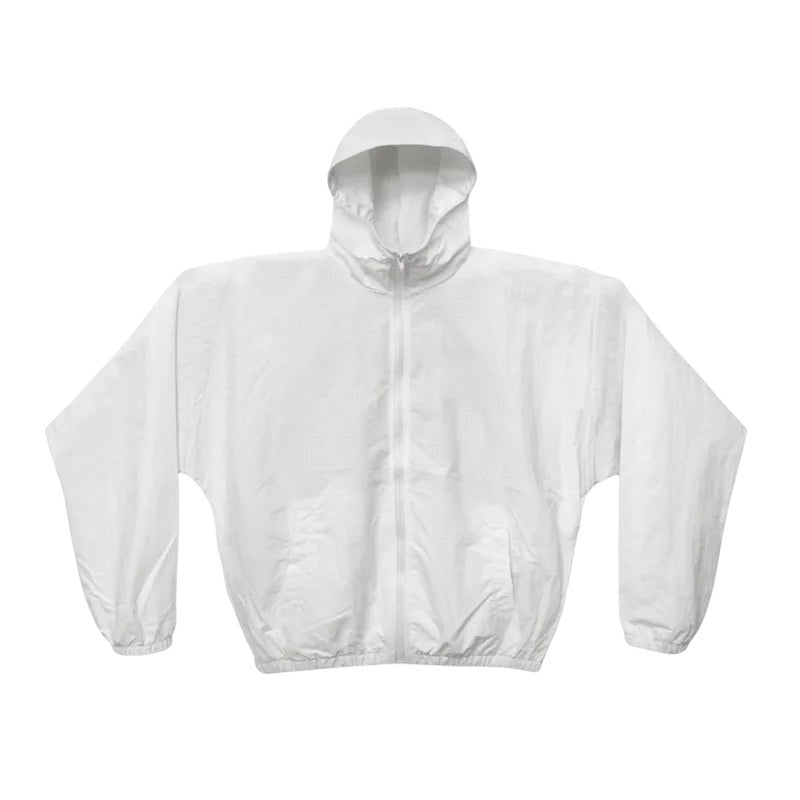 COMFORTH white lightweight hooded jacket with full zipper closure and elasticated cuffs and hem.