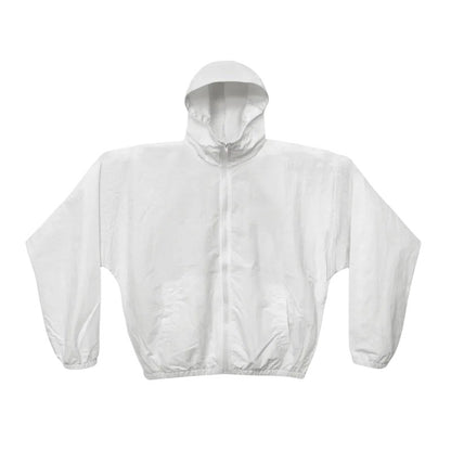 COMFORTH white lightweight hooded jacket with full zipper closure and elasticated cuffs and hem.