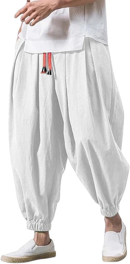 Comfortable Loose Fit Linen Blend Harem Pants White