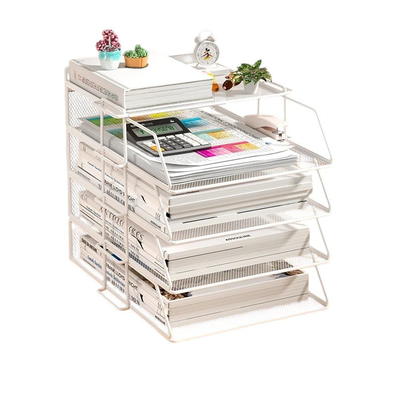 COMFORT white mesh desk organizer with 4 tiers and a top shelf, holding books, papers, and a calculator.