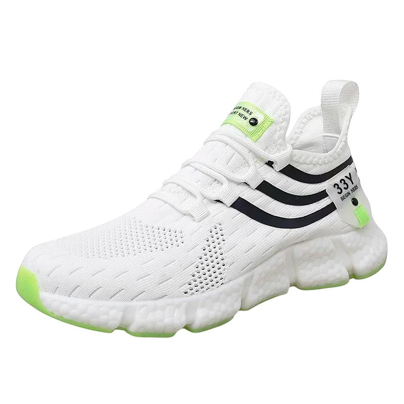 COMFORTH white mesh running sneakers with black stripes and neon green accents. Cushioned sole for comfort.