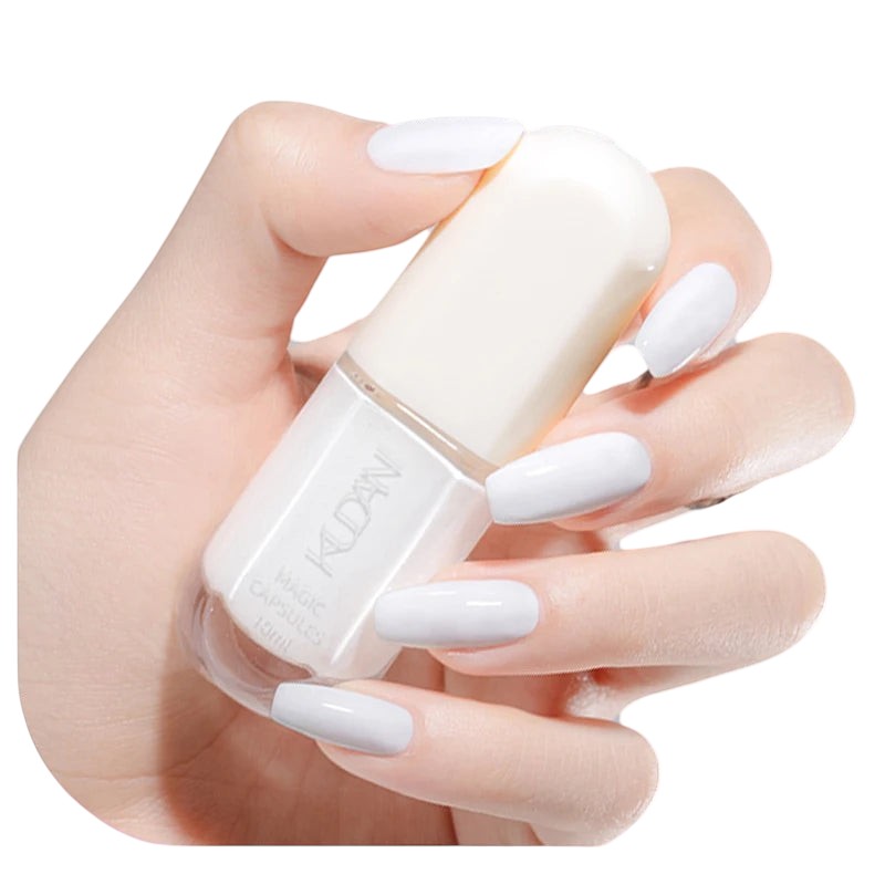 COMFORTH white water-based peel-off nail polish bottle held by a hand with matching white nails.
