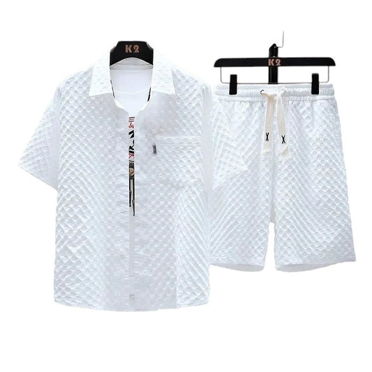 COMFORTH Men's white textured short sleeve shirt and shorts set with diamond pattern, button-up, chest pocket, elastic waist.