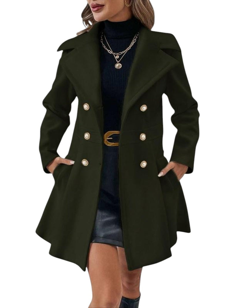 COMFORTH women's dark green double-breasted peacoat with lapel collar and pearl-like buttons
