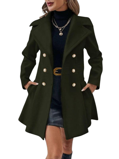 COMFORTH women's dark green double-breasted peacoat with lapel collar and pearl-like buttons