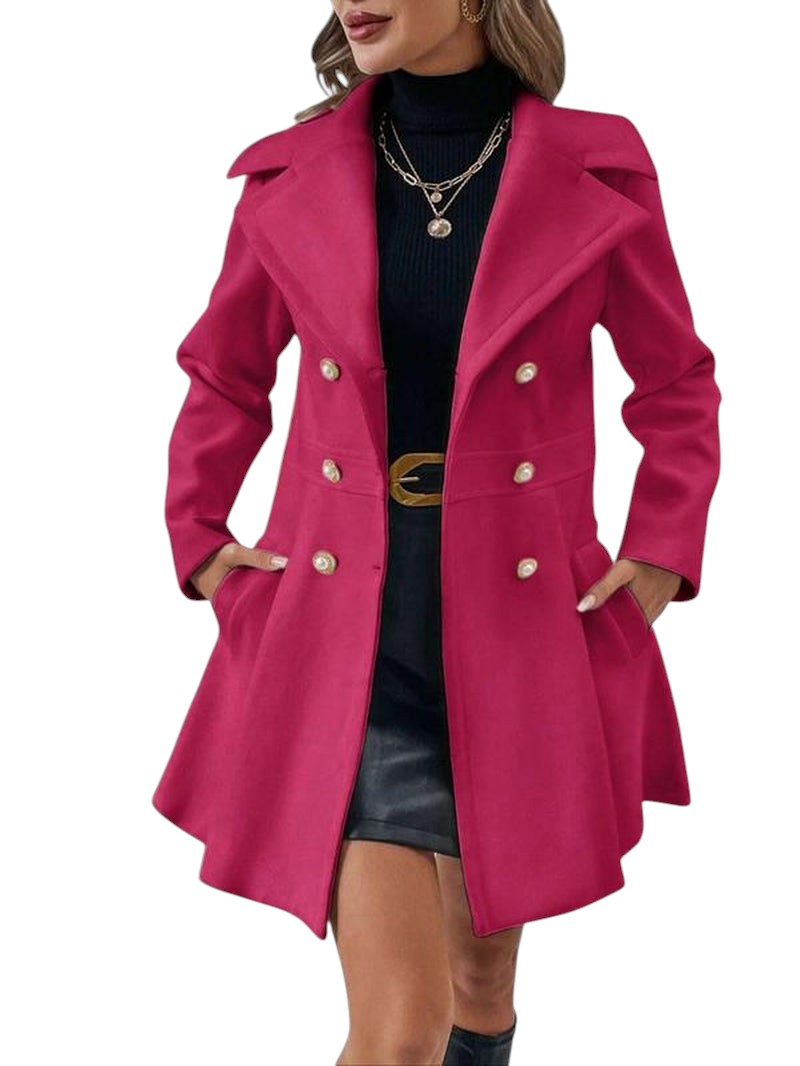 COMFORTH Women's double-breasted peacoat in vibrant fuchsia with lapel collar and pearl buttons. A-line silhouette.