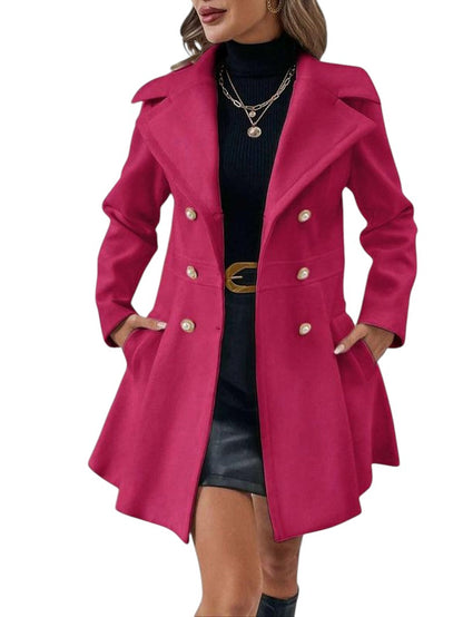 COMFORTH Women's double-breasted peacoat in vibrant fuchsia with lapel collar and pearl buttons. A-line silhouette.