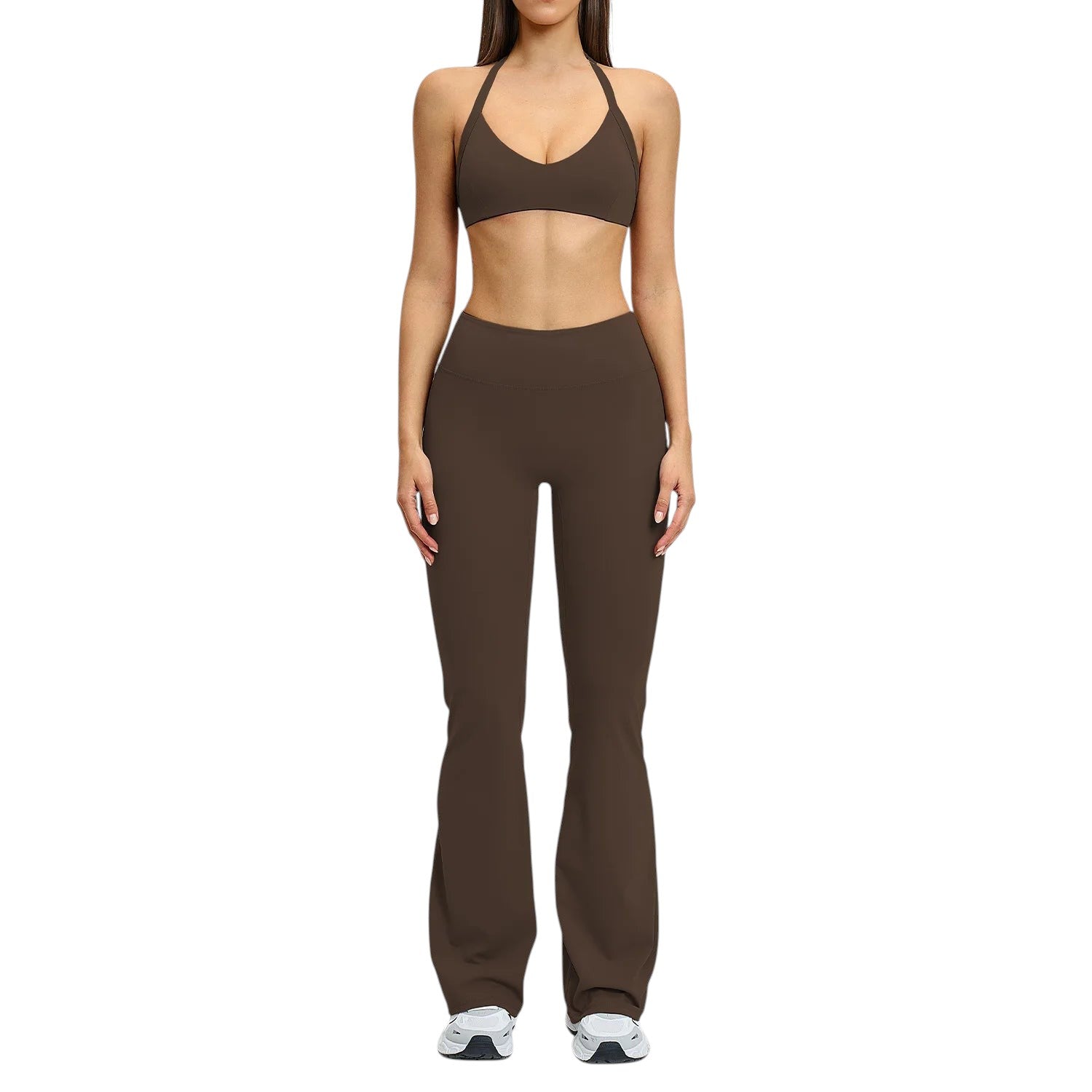 COMFORT women's brown high-waisted flare yoga pants made of soft, stretchy fabric. Flattering silhouette for activewear.