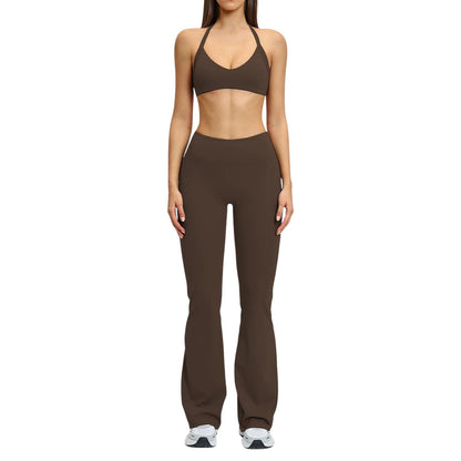 COMFORT women's brown high-waisted flare yoga pants made of soft, stretchy fabric. Flattering silhouette for activewear.