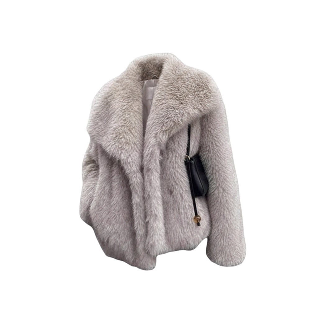 COMFORTH women's light grey plush faux fur winter jacket with oversized collar and relaxed fit.