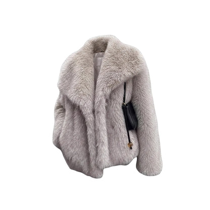 COMFORTH women's light grey plush faux fur winter jacket with oversized collar and relaxed fit.