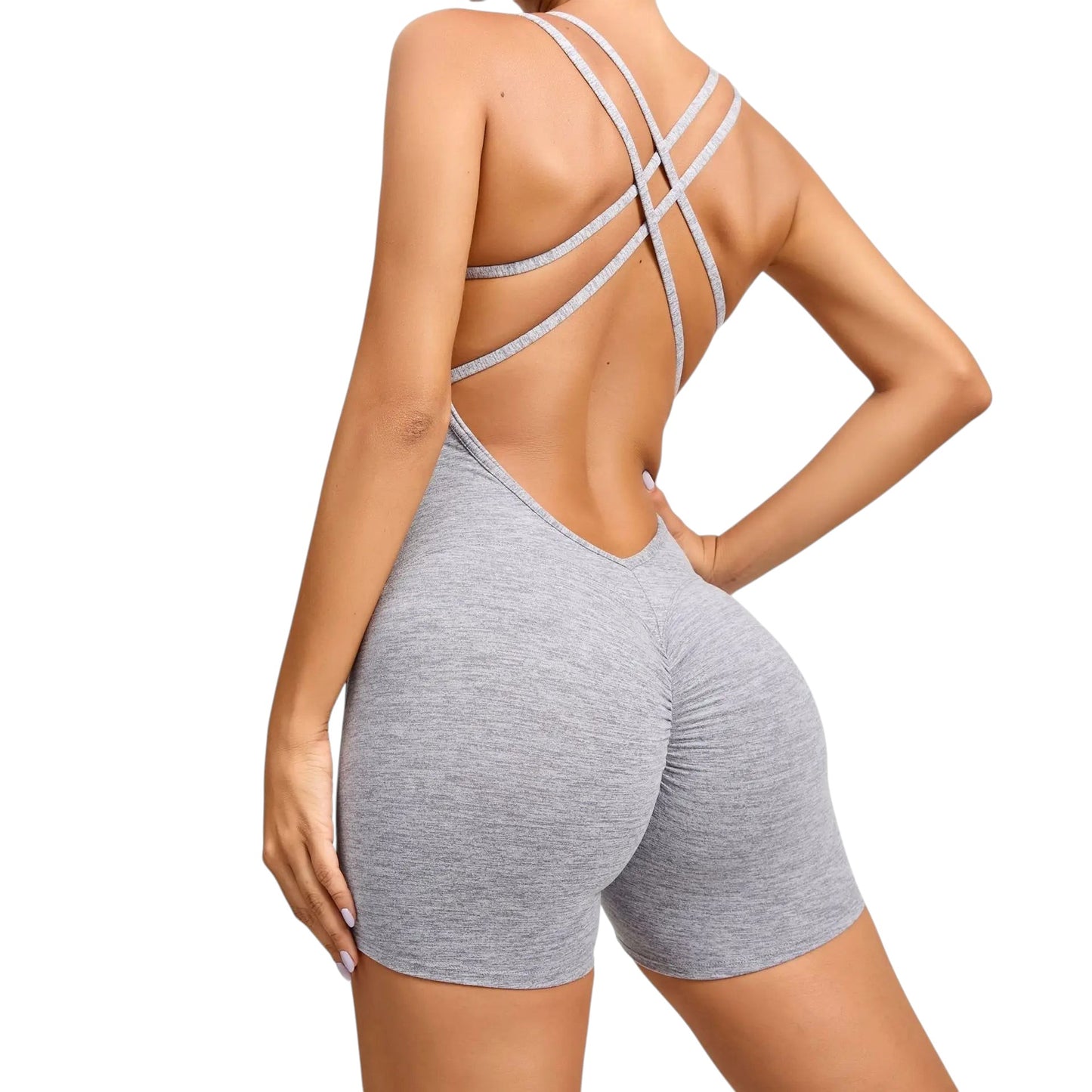 COMFORTH women's grey athletic bodysuit with open back and crisscross straps, ruched shorts