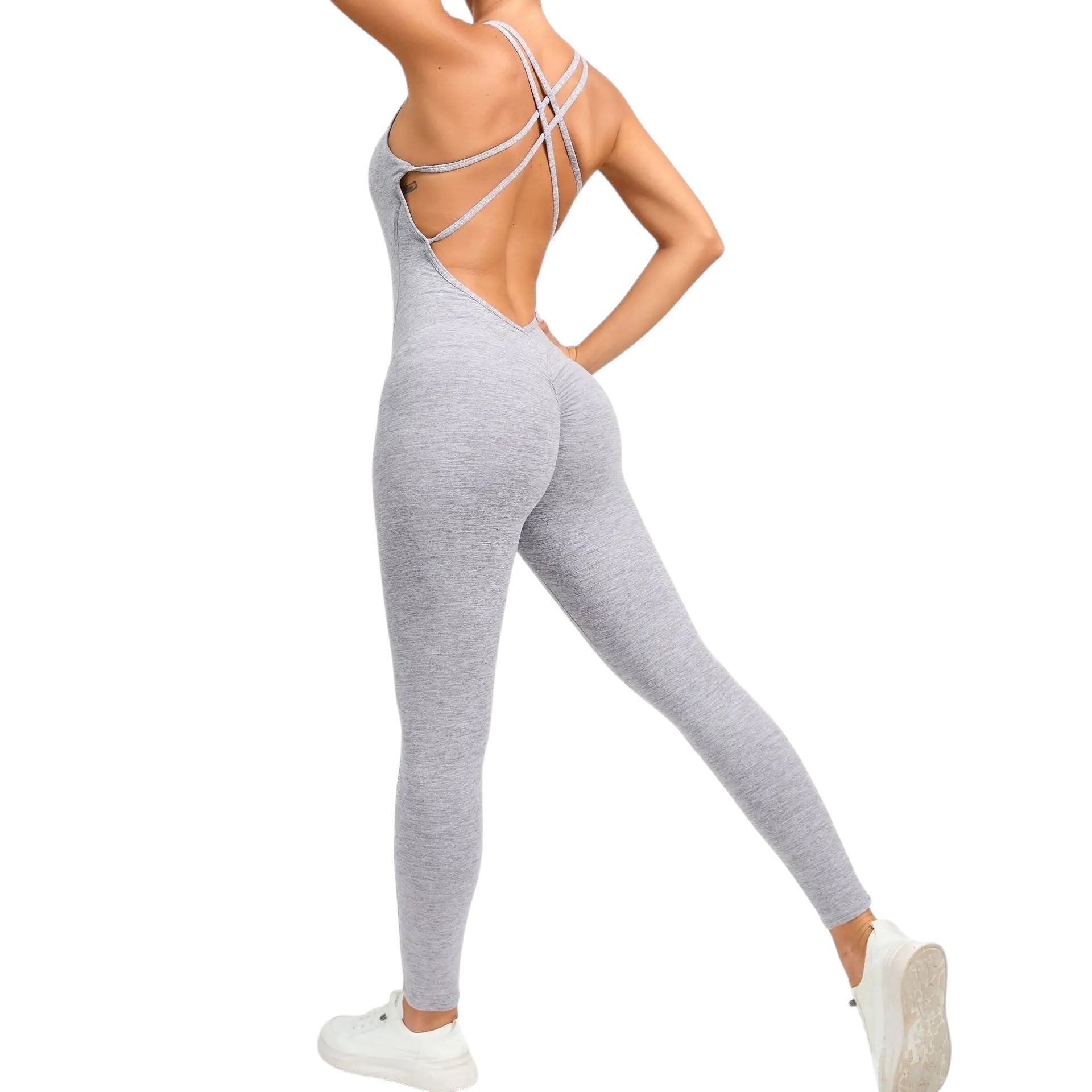 COMFORTH Women's grey athletic bodysuit with open back and crisscross straps, made of breathable fabric.