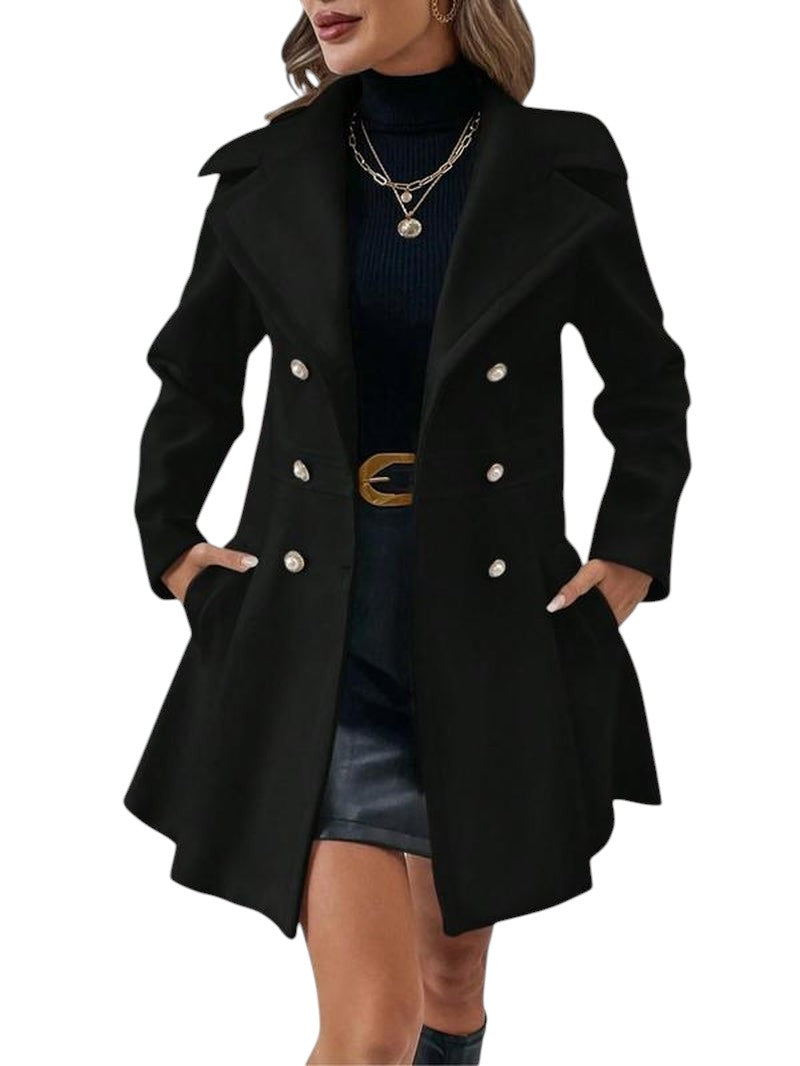 COMFORTH Women's black double-breasted peacoat with lapel collar, pearl buttons, and A-line silhouette.