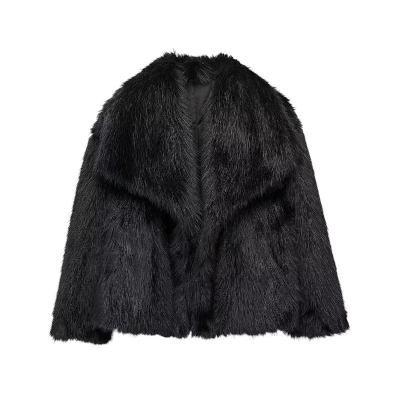 COMFORTH Women's black plush faux fur winter jacket with oversized collar and relaxed silhouette.