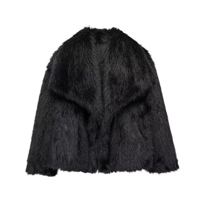 COMFORTH Women's black plush faux fur winter jacket with oversized collar and relaxed silhouette.