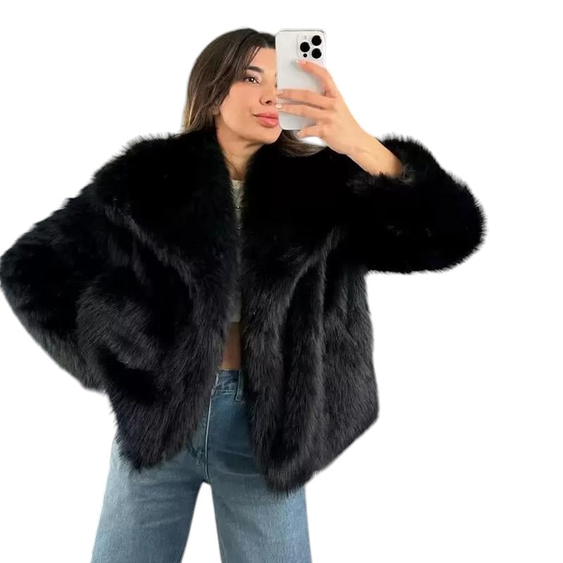 COMFORTH women's black plush faux fur jacket with oversized collar and relaxed silhouette.