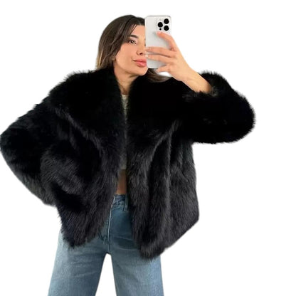 COMFORTH women's black plush faux fur jacket with oversized collar and relaxed silhouette.