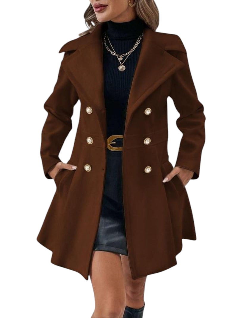 COMFORTH Women's brown double-breasted peacoat with lapel collar, pearl buttons, and A-line silhouette.