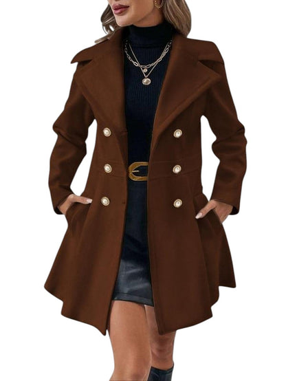 COMFORTH Women's brown double-breasted peacoat with lapel collar, pearl buttons, and A-line silhouette.