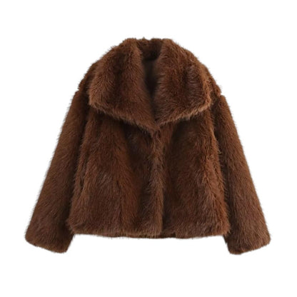 COMFORT Women's brown plush faux fur winter jacket with oversized collar and relaxed silhouette.