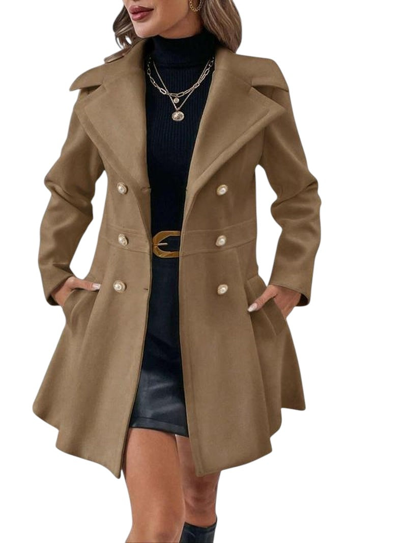 COMFORTH women's camel double-breasted peacoat with lapel collar and pearl buttons. A-line silhouette.